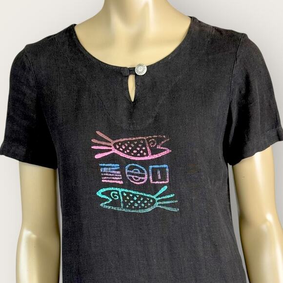 Blue Cactus Vintage 100% Linen Short Sleeve Hand Paint Shift Dress Size PS Black - Picture 4 of 15